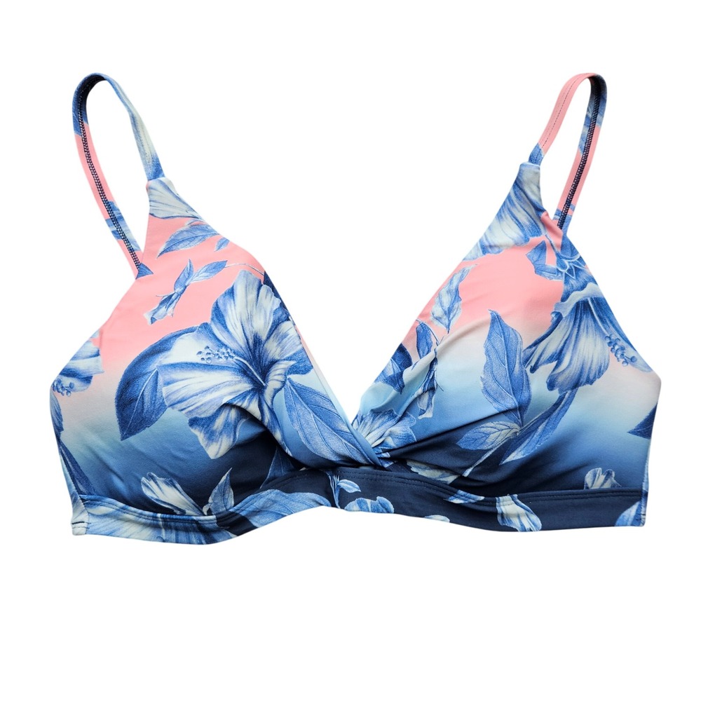 La Blanca Blue Pink Hibiscus Floral Ombre Triangle Bikini Top Size 12